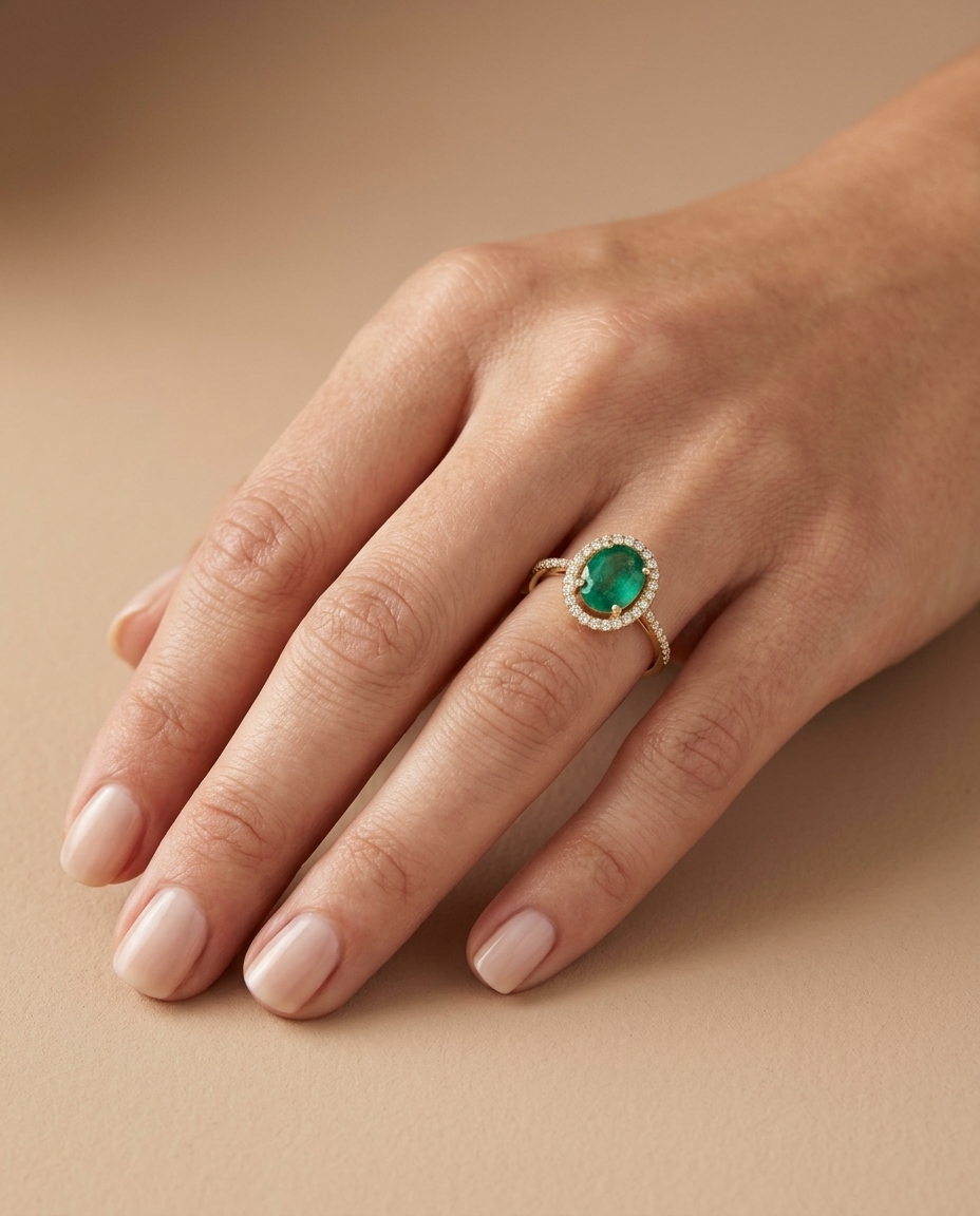 Yellow Gold Emerald Ring with Diamonds on model