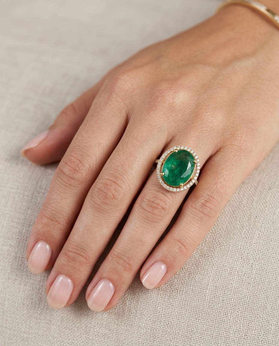 14KT Yellow Gold Emerald and Diamonds Ring on model