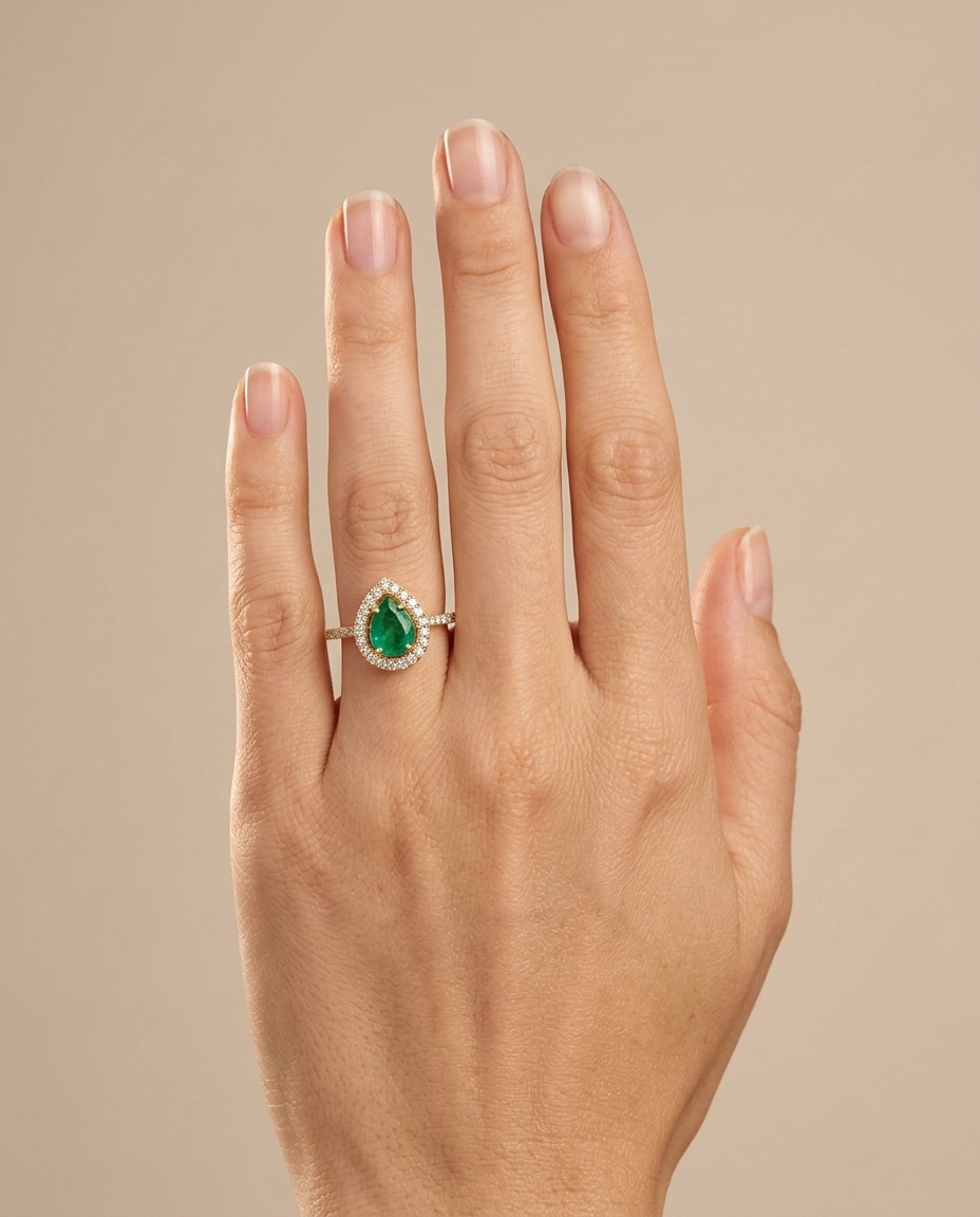 14KT Yellow Gold Emerald and Diamonds Ring on model
