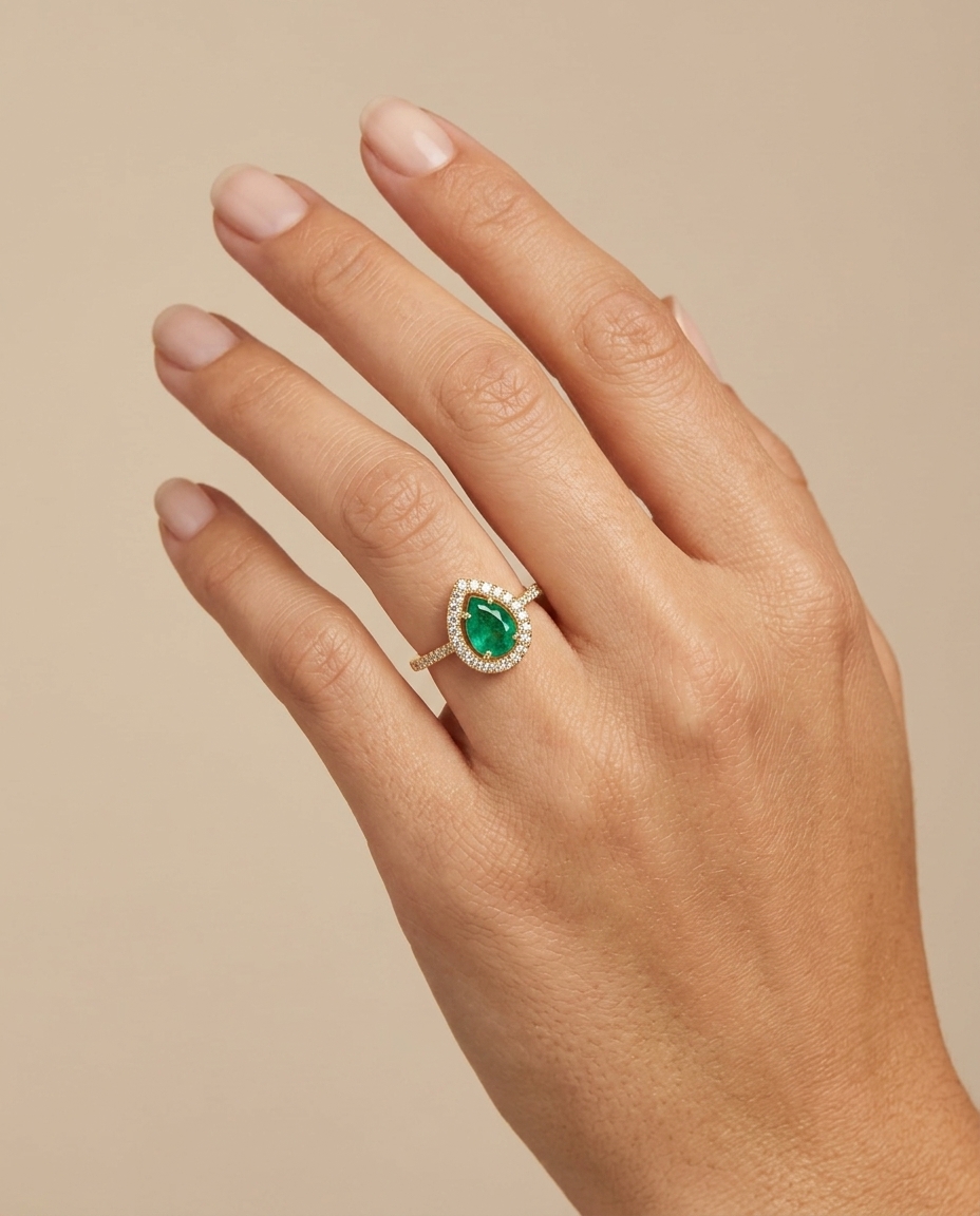 14KT Yellow Gold Emerald and Diamonds Ring on model
