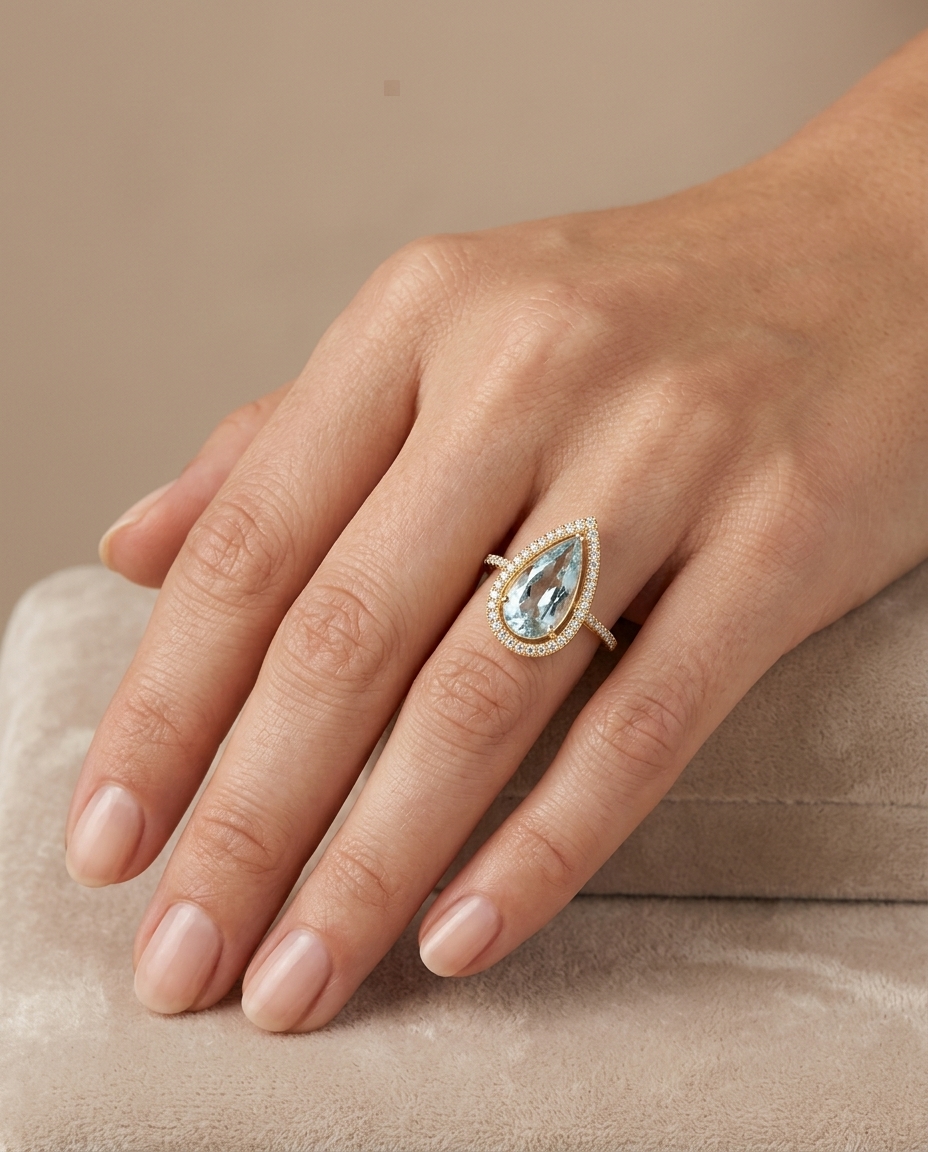 14KT Yellow Gold Aquamarine and Diamonds Ring on model