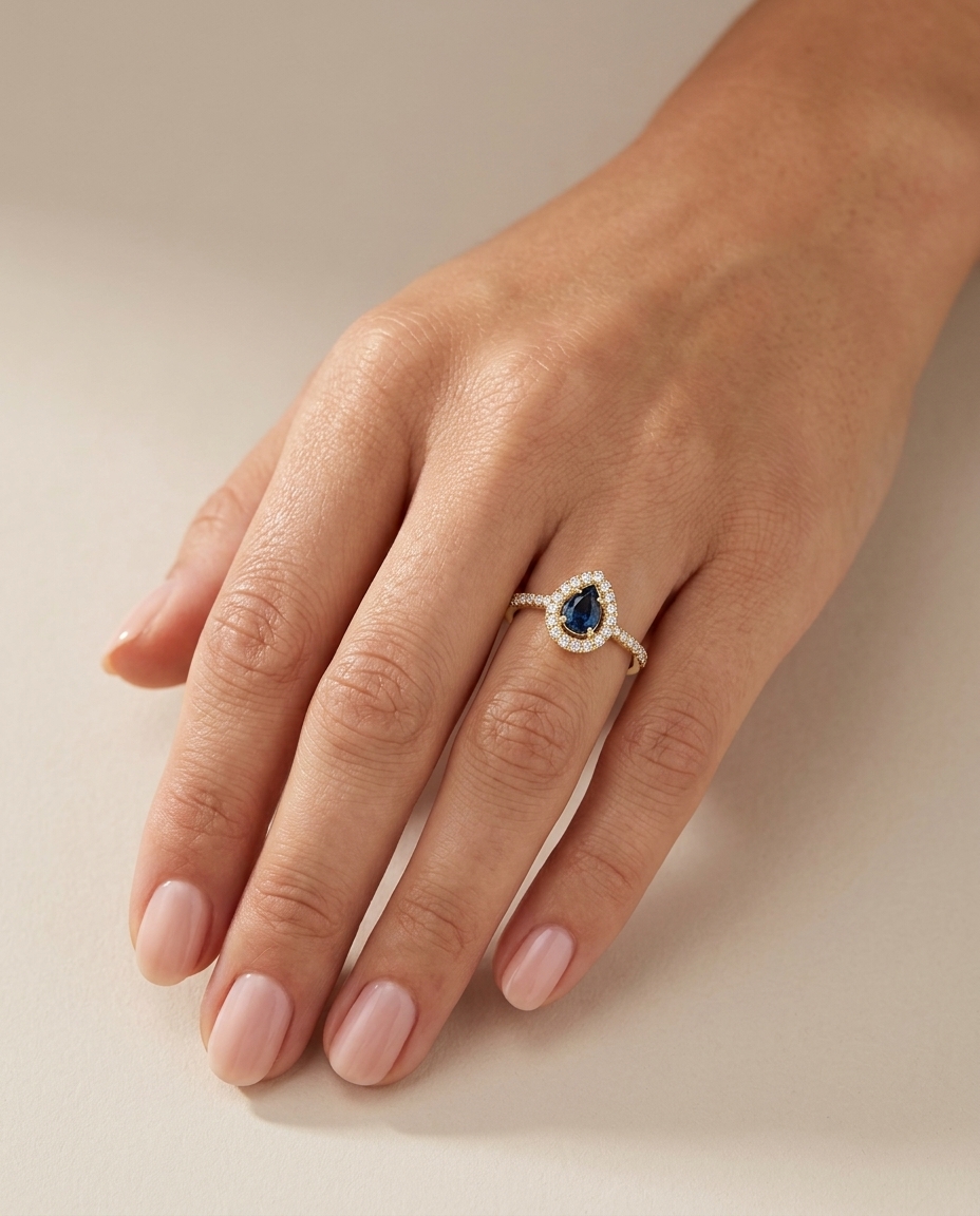 14KT Yellow Gold Sapphire and Diamonds Ring on model