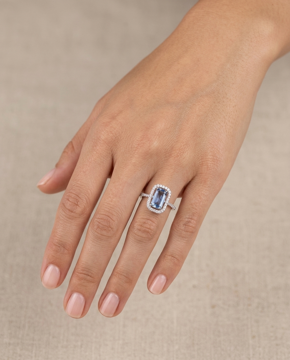 14KT White Gold Tanzanite and Diamonds Ring on model