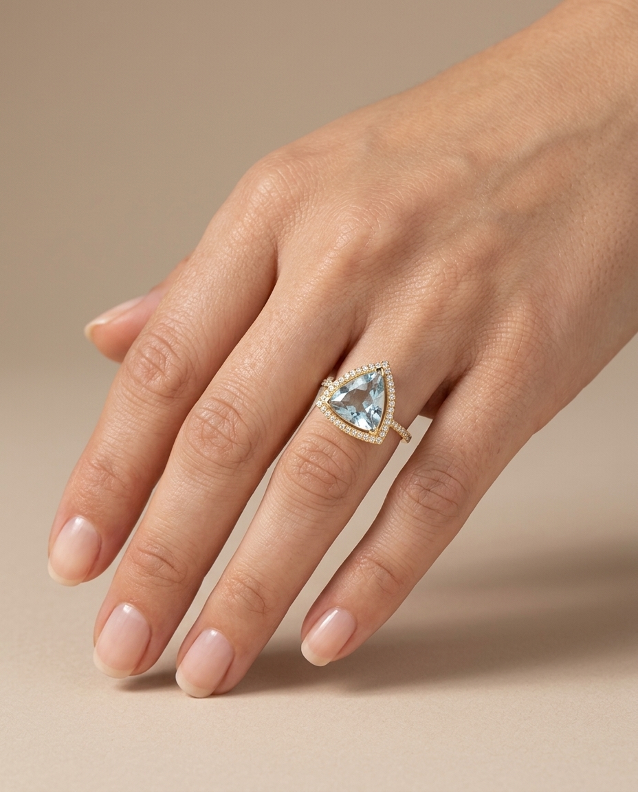 14KT Yellow Gold Aquamarine and Diamonds Ring on model