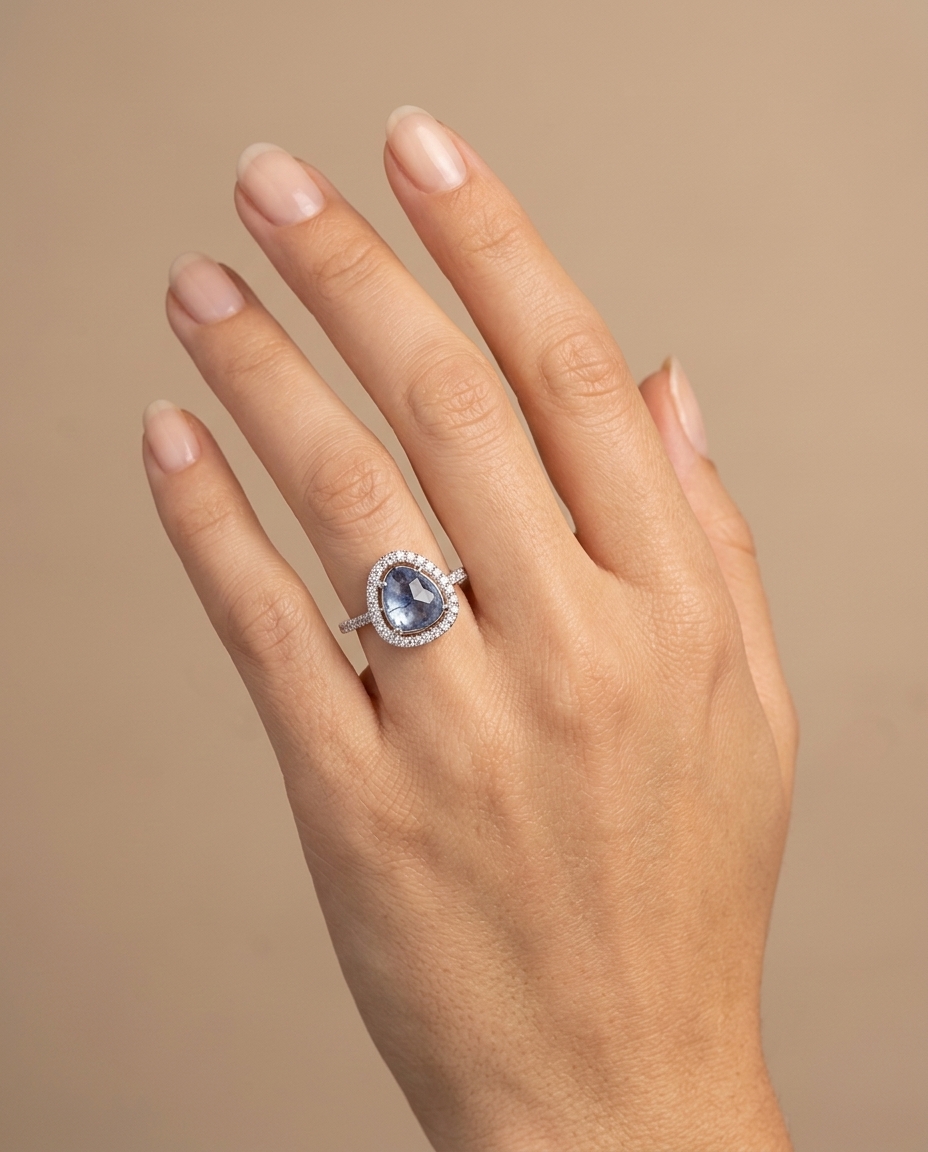 14KT White Gold Tanzanite and Diamonds Ring on model