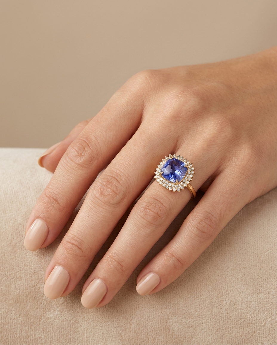 14KT Yellow Gold Tanzanite and Diamonds Ring on model