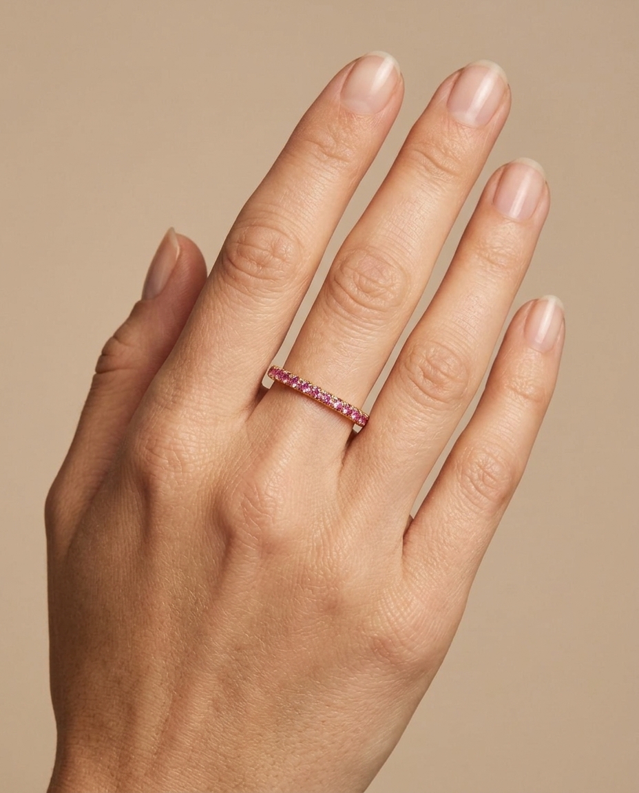 14KT Gold Half Eternity Pink Sapphire Thin Ring Band on model