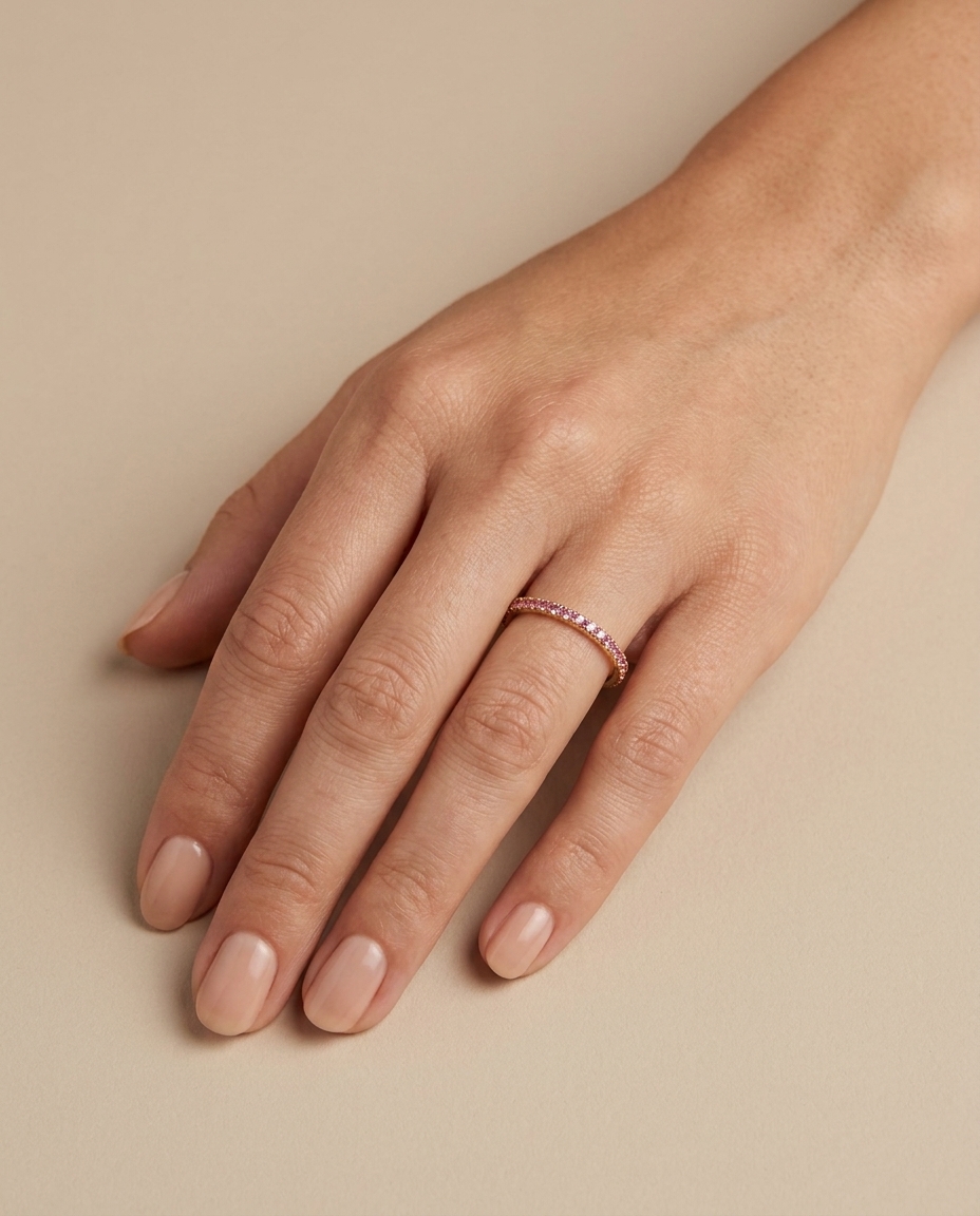 14KT Gold Half Eternity Pink Sapphire Thin Ring Band on model