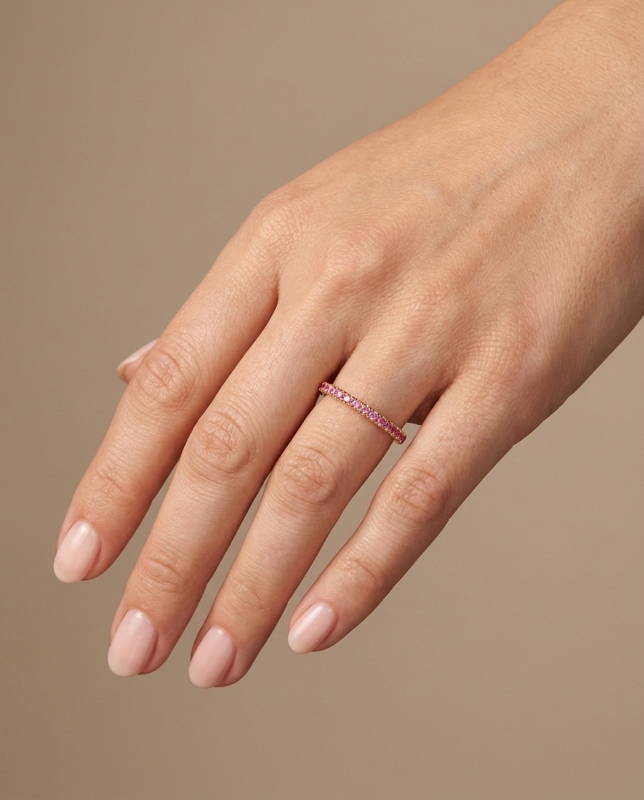 14KT Gold Half Eternity Pink Sapphire Thin Ring Band on model