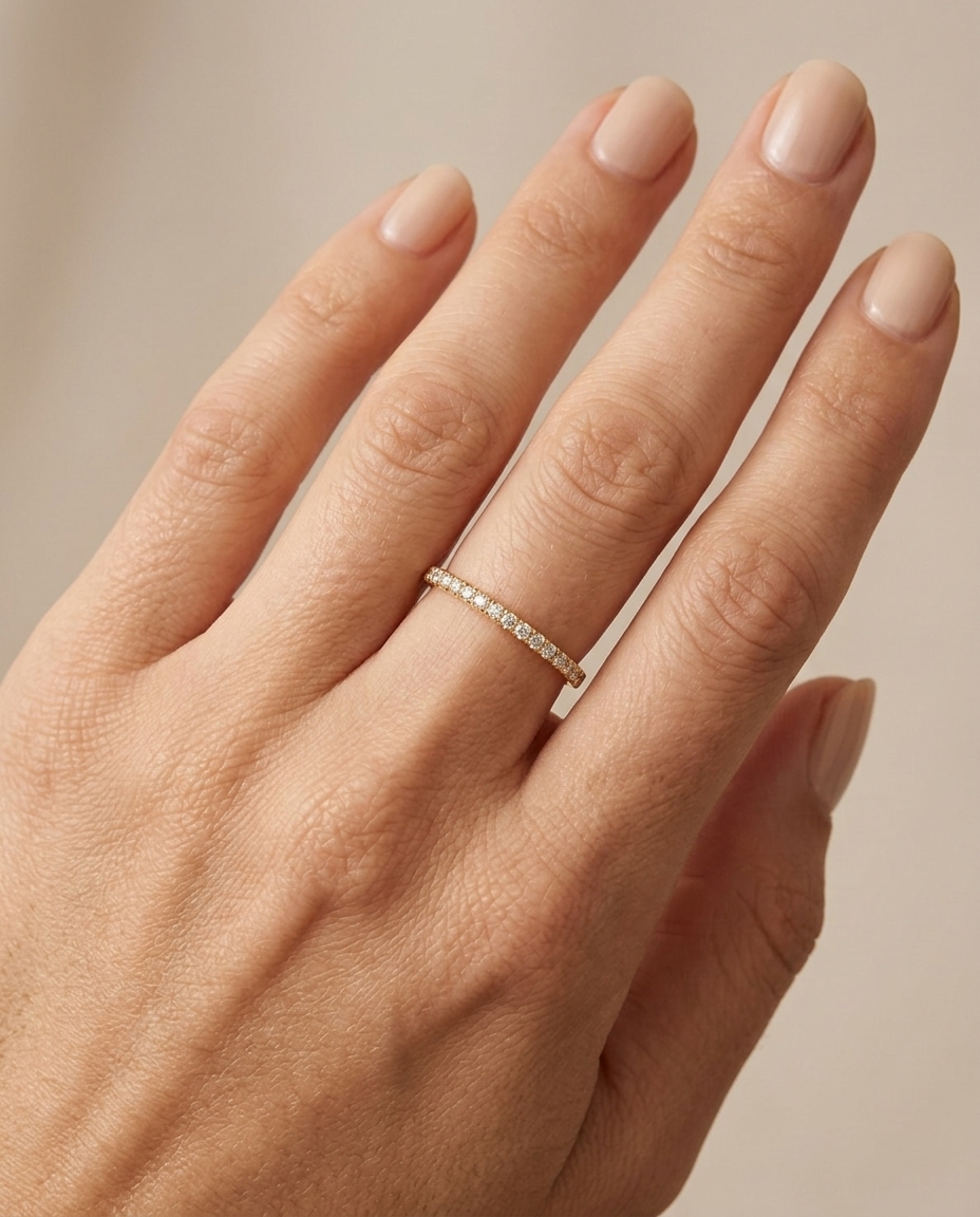 14KT Gold Half Eternity Diamond Thin Ring Band on model
