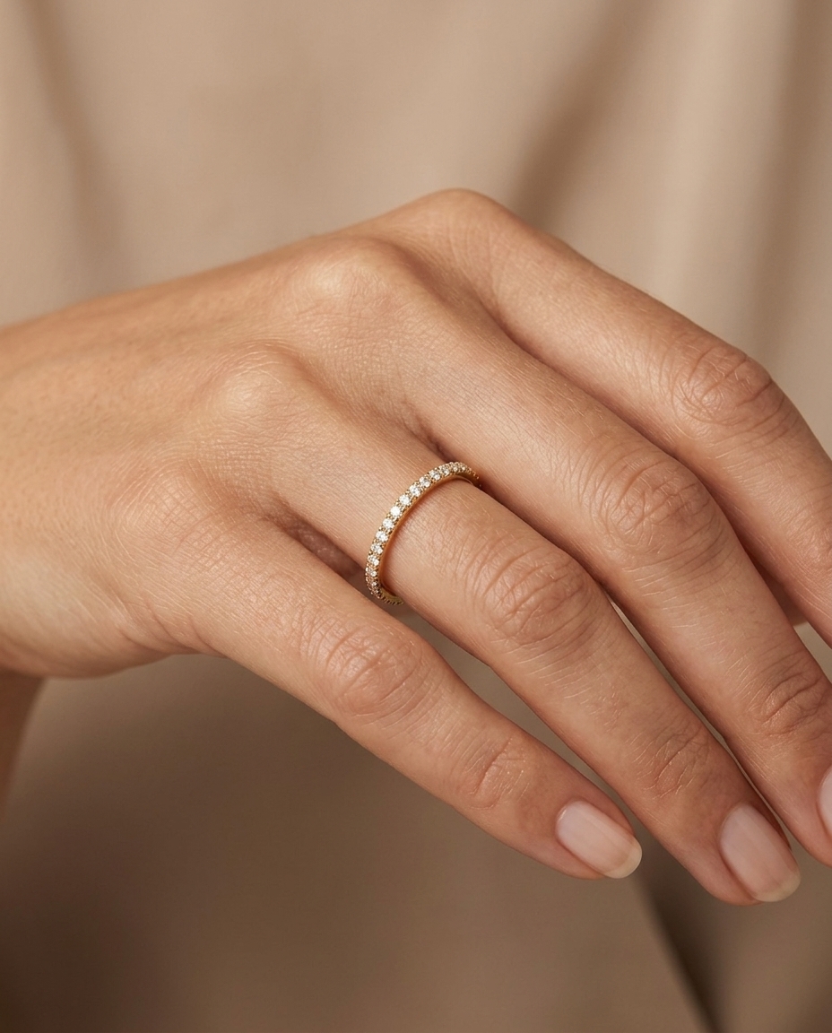 14KT Gold Half Eternity Diamond Thin Ring Band on model