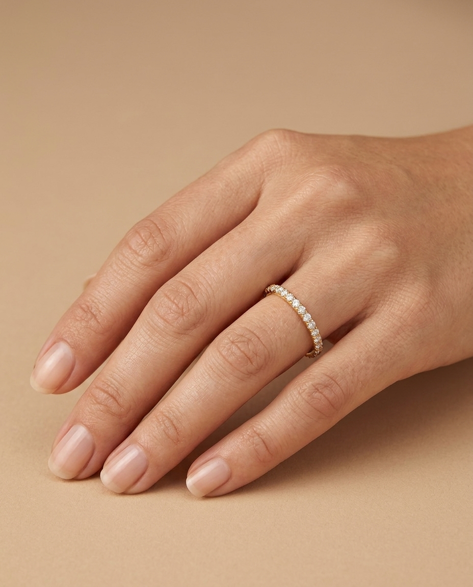 14KT Gold Half Eternity Diamond Thin Ring Band on model