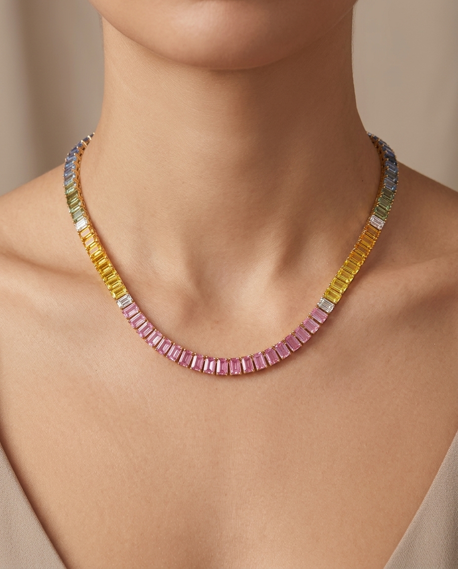 14KT Yellow Gold Multi Sapphire and Diamond Necklace 18" on model