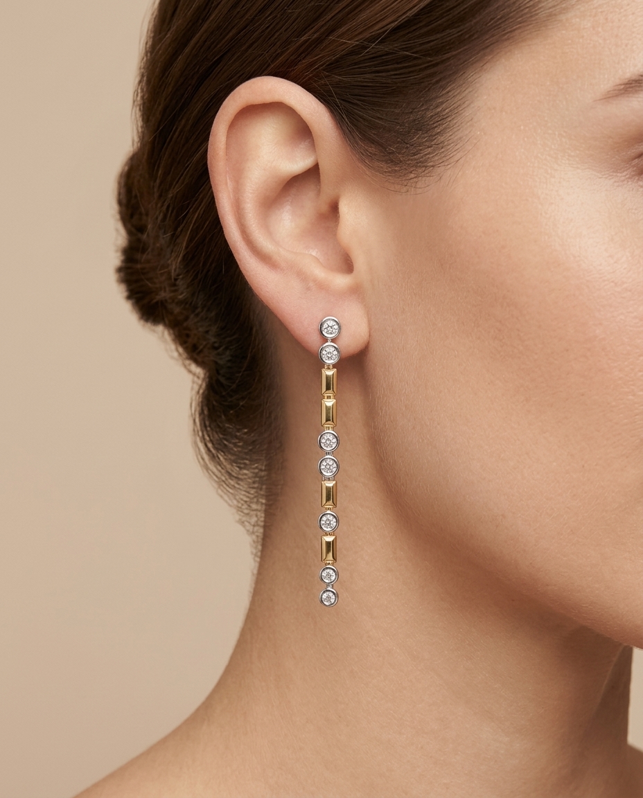14KT Two Tone Gold Diamond Dangling Earring view 2