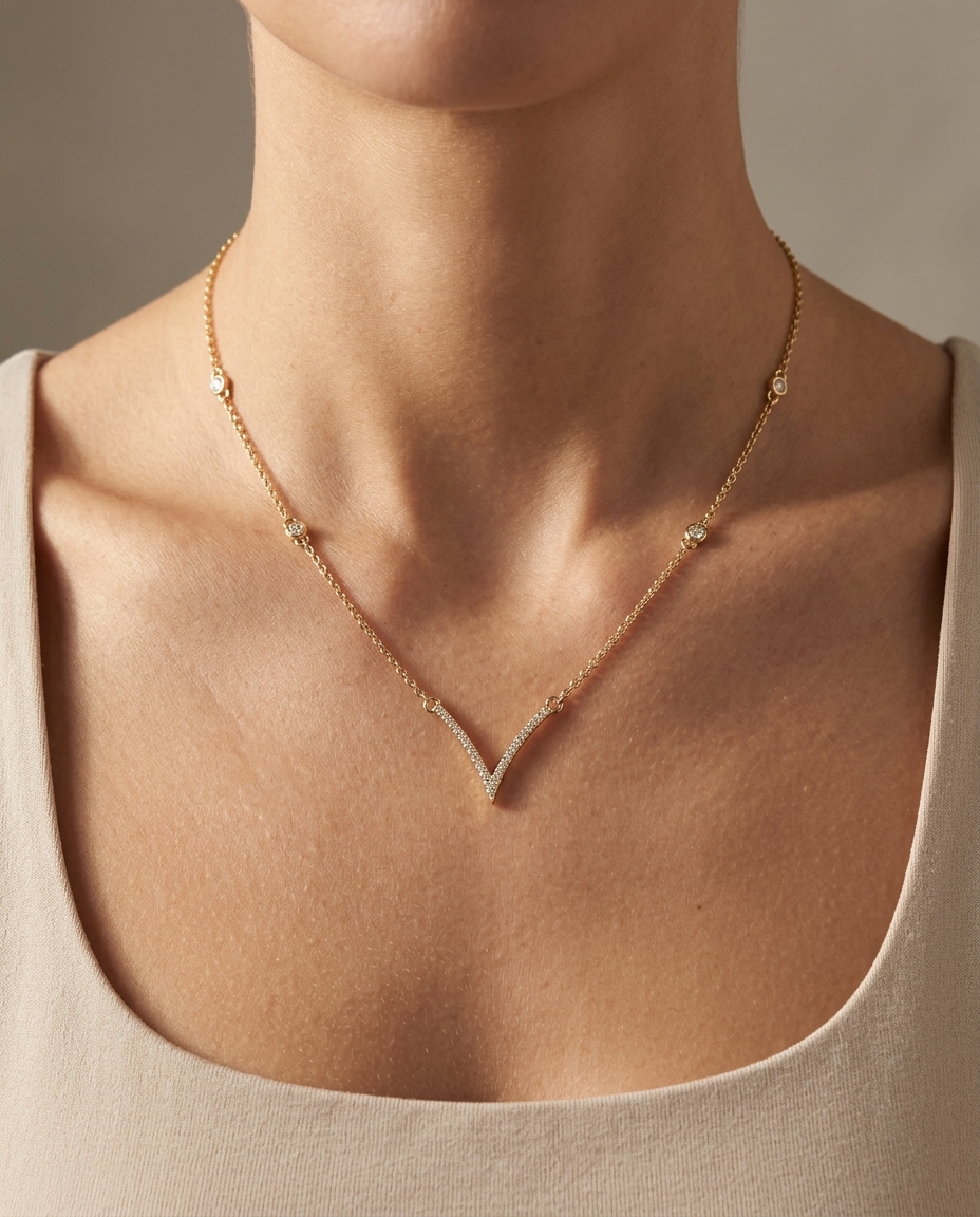 14KT Yellow Gold V Shape Bar Diamond Necklace on model