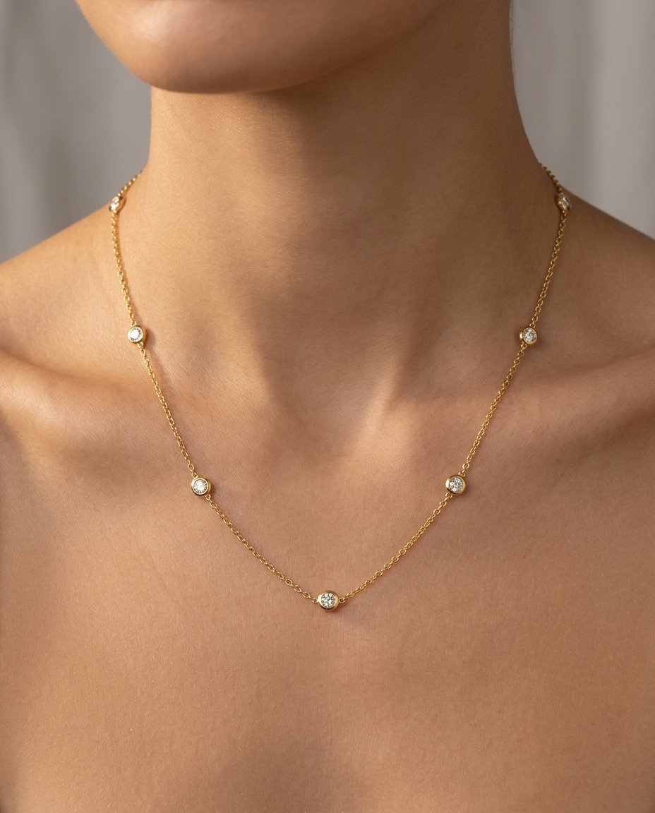 14KT Gold Bezelled Diamond Station Necklace 0.33 Cts on model