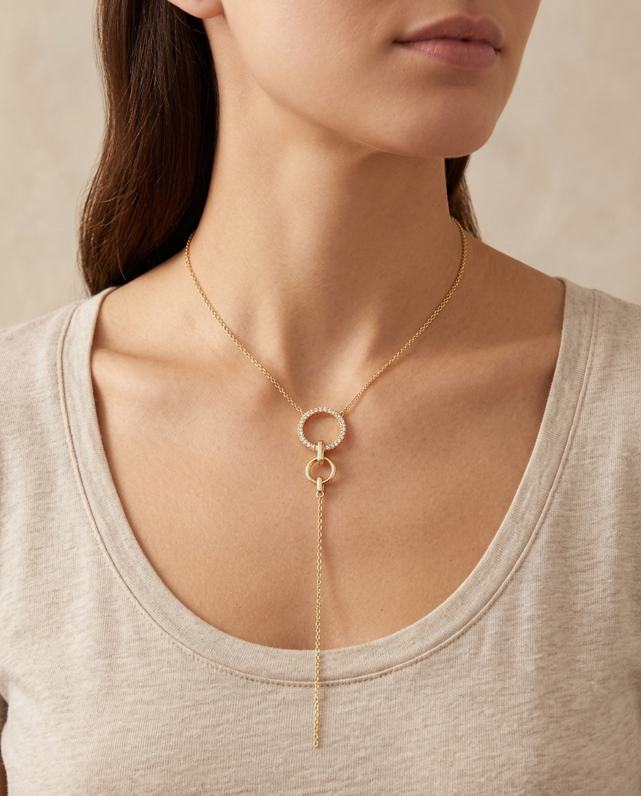 18KT Gold Diamond Open Circle Dangling Necklace on model