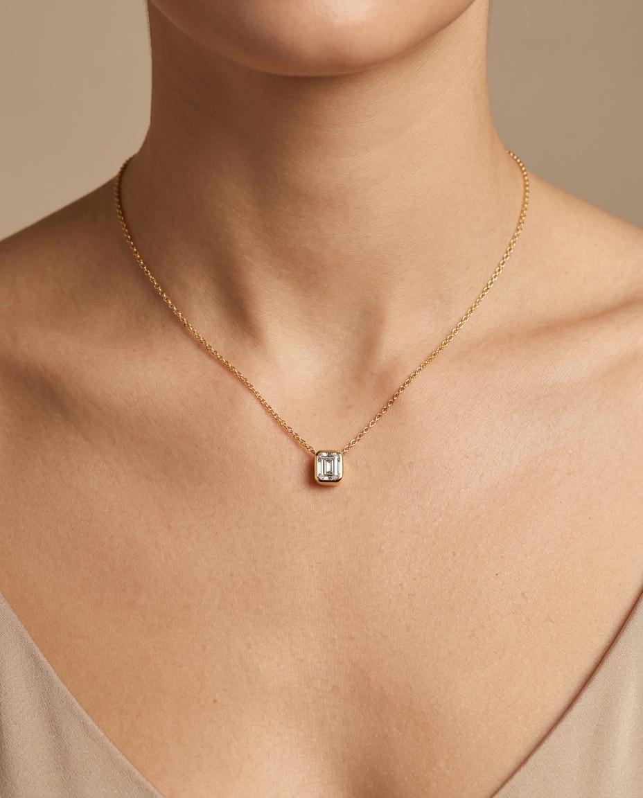 14KT Gold Baguette Bezeled Diamond Pendant Necklace on model