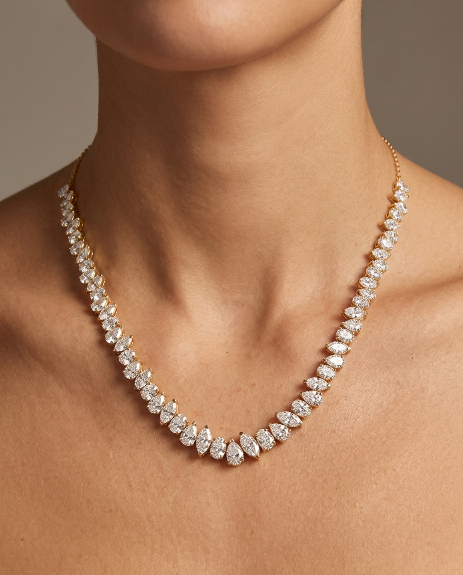14KT Yellow Gold Multi Shape Diamonds Necklace on model