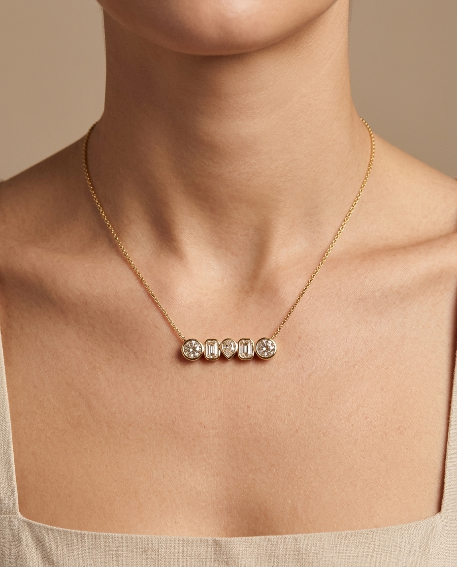 14KT Gold Diamond Pendant Necklace on model