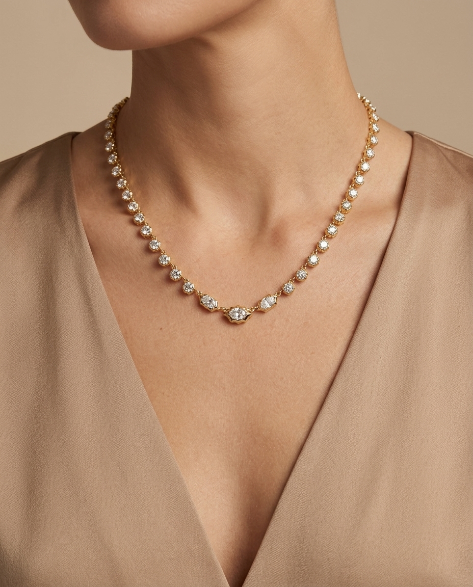 14KT Yellow Gold Diamond Necklace on model