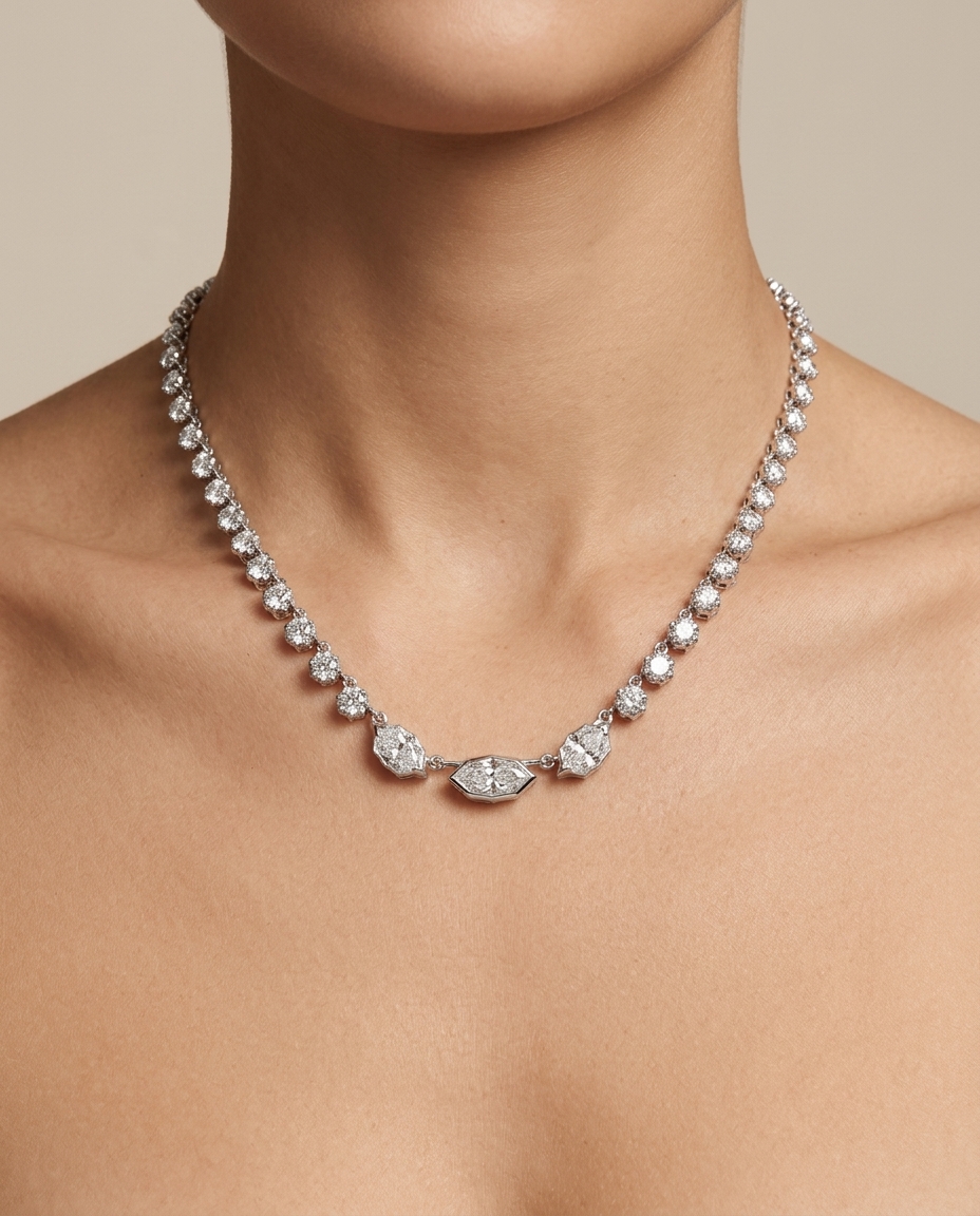 14KT White Gold Diamonds Necklace on model