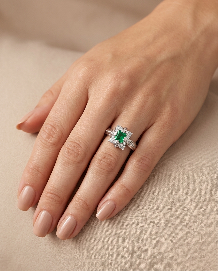 Platinum Emerald and Diamonds Ring on model