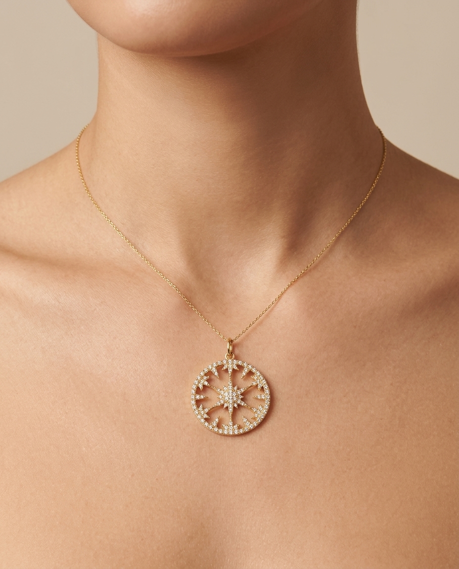 14KT Yellow Gold Clear Quartz and Diamond Starbust Pendant on model