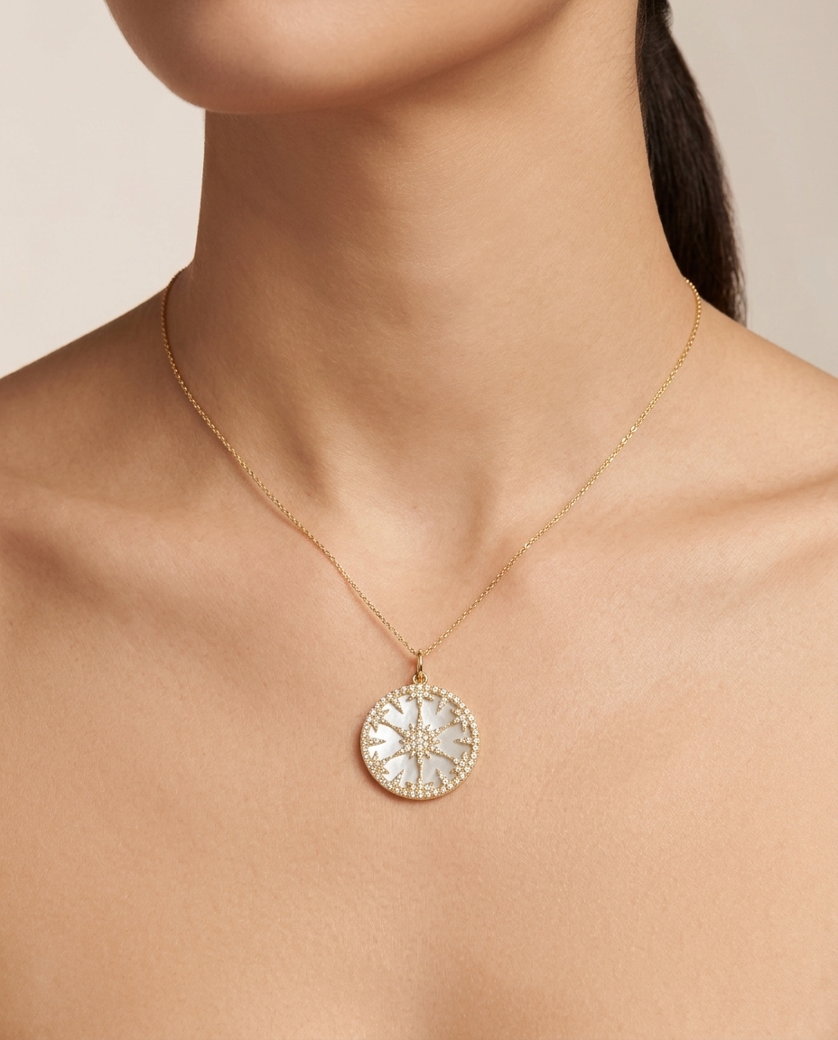 14KT Yellow Gold Mother of Pearl Starbust Pendant with Diamonds on model