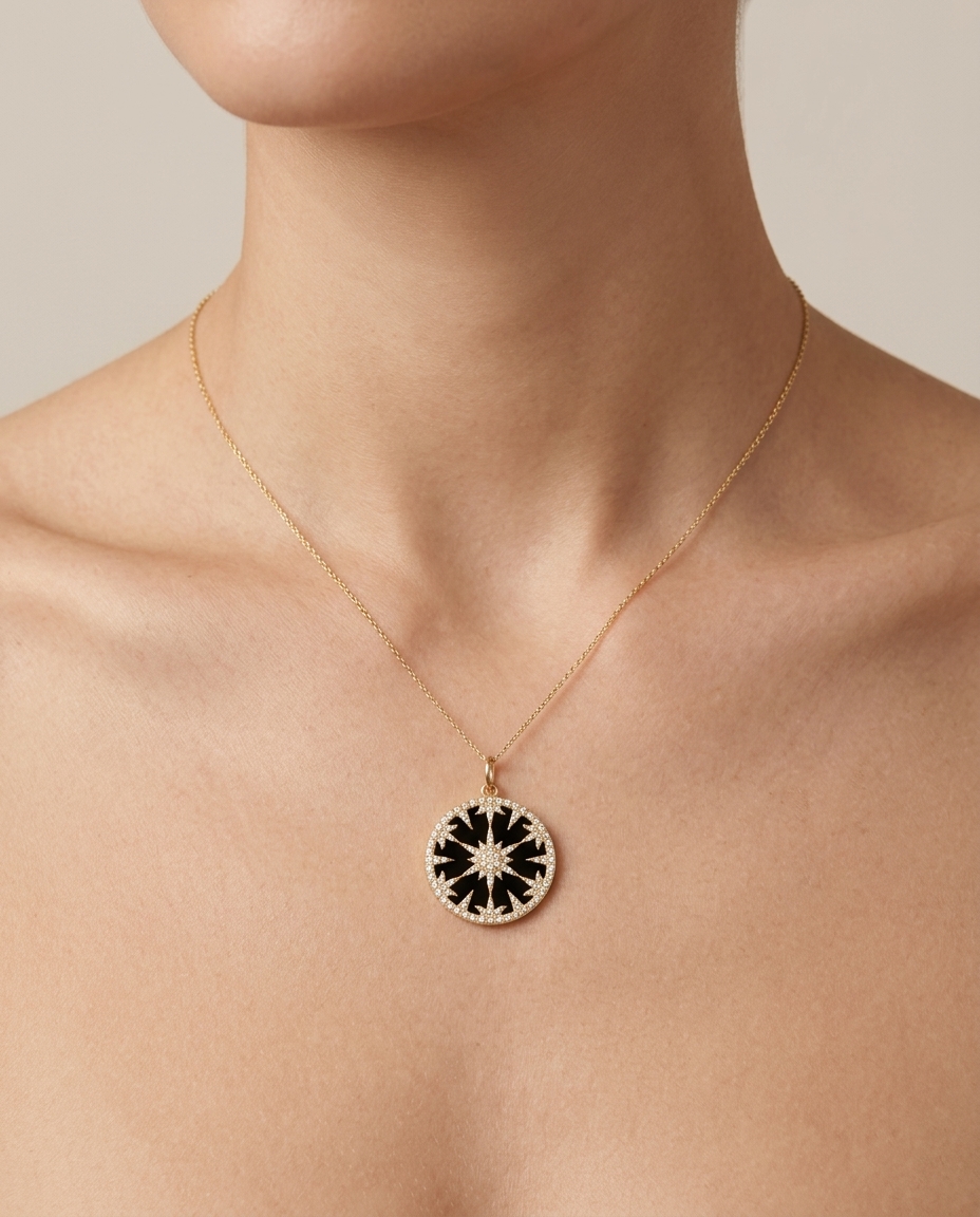 14KT Yellow Gold Black Onyx and Diamond Starbust Pendant on model
