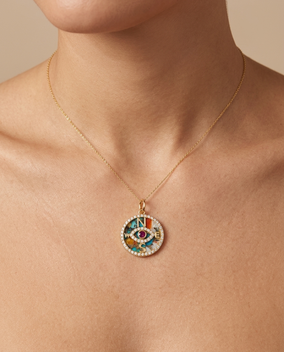 14KT Yellow Gold Oyster Turquoise and Ruby Evil Eye Compass Pendant with Diamonds on model