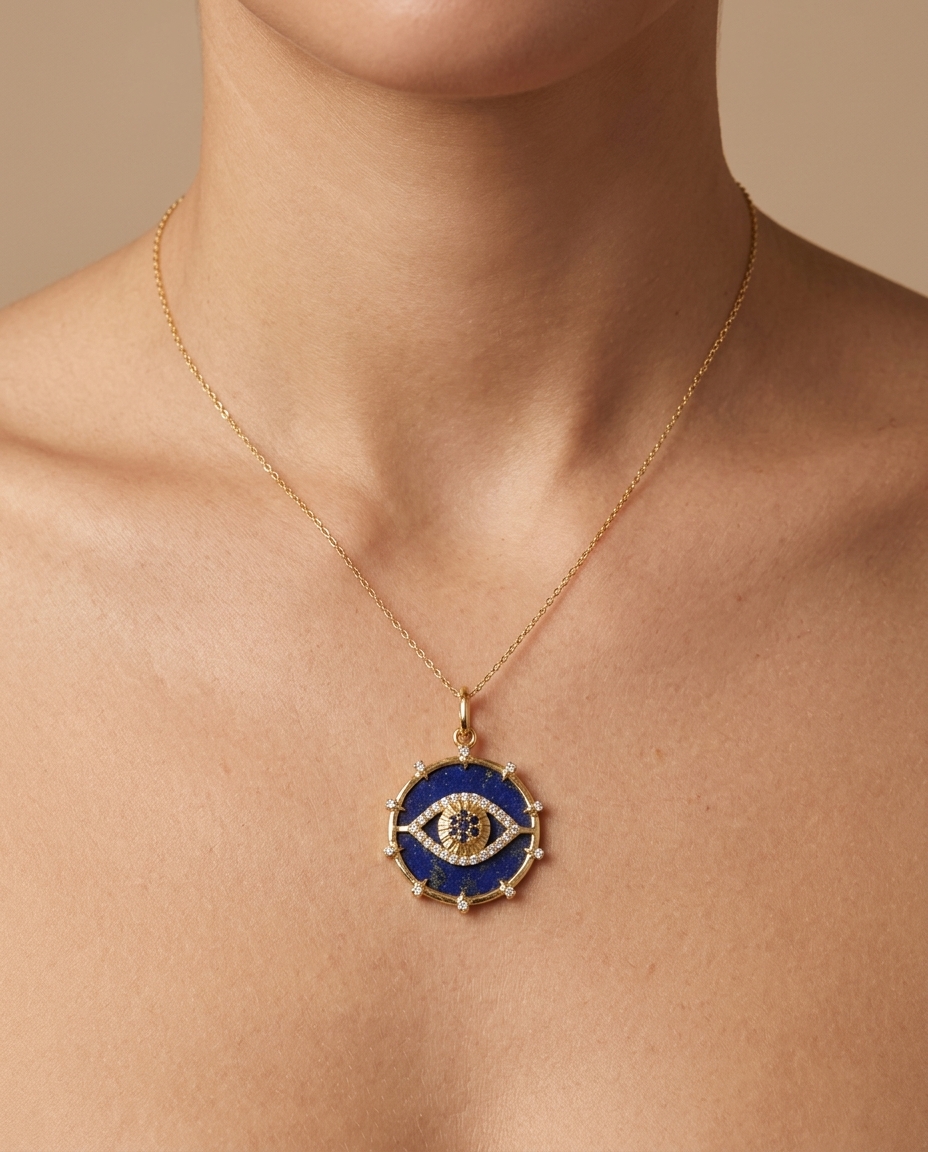 14KT Yellow Gold Lapis and Sapphire Evil Eye Pendant with Diamonds on model