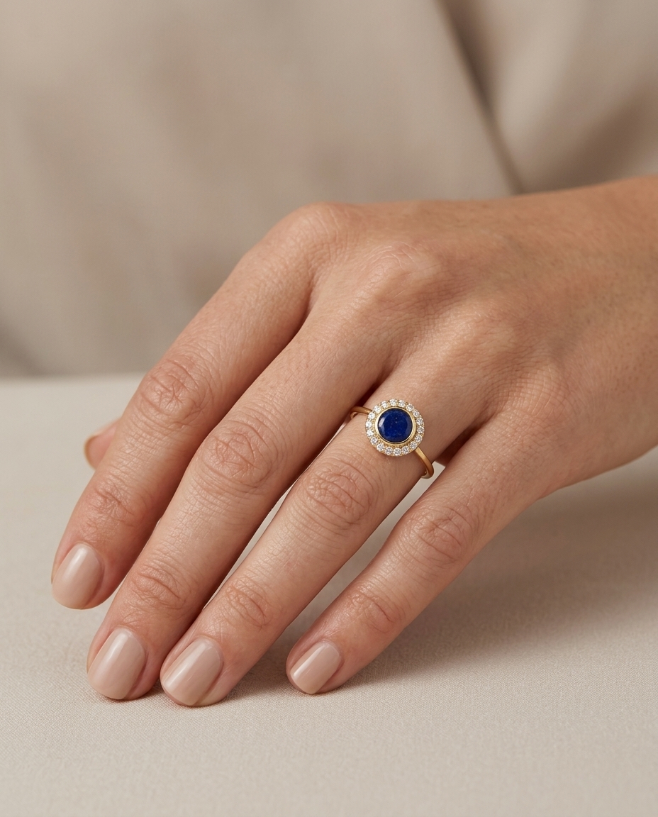 14KT Yellow Gold Lapis Ring with Diamonds on model