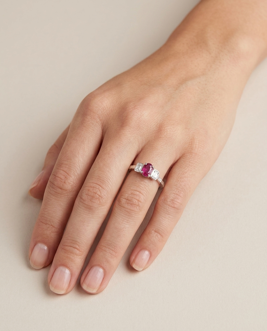 18KT Yellow Gold Ruby and Diamonds Ring on model