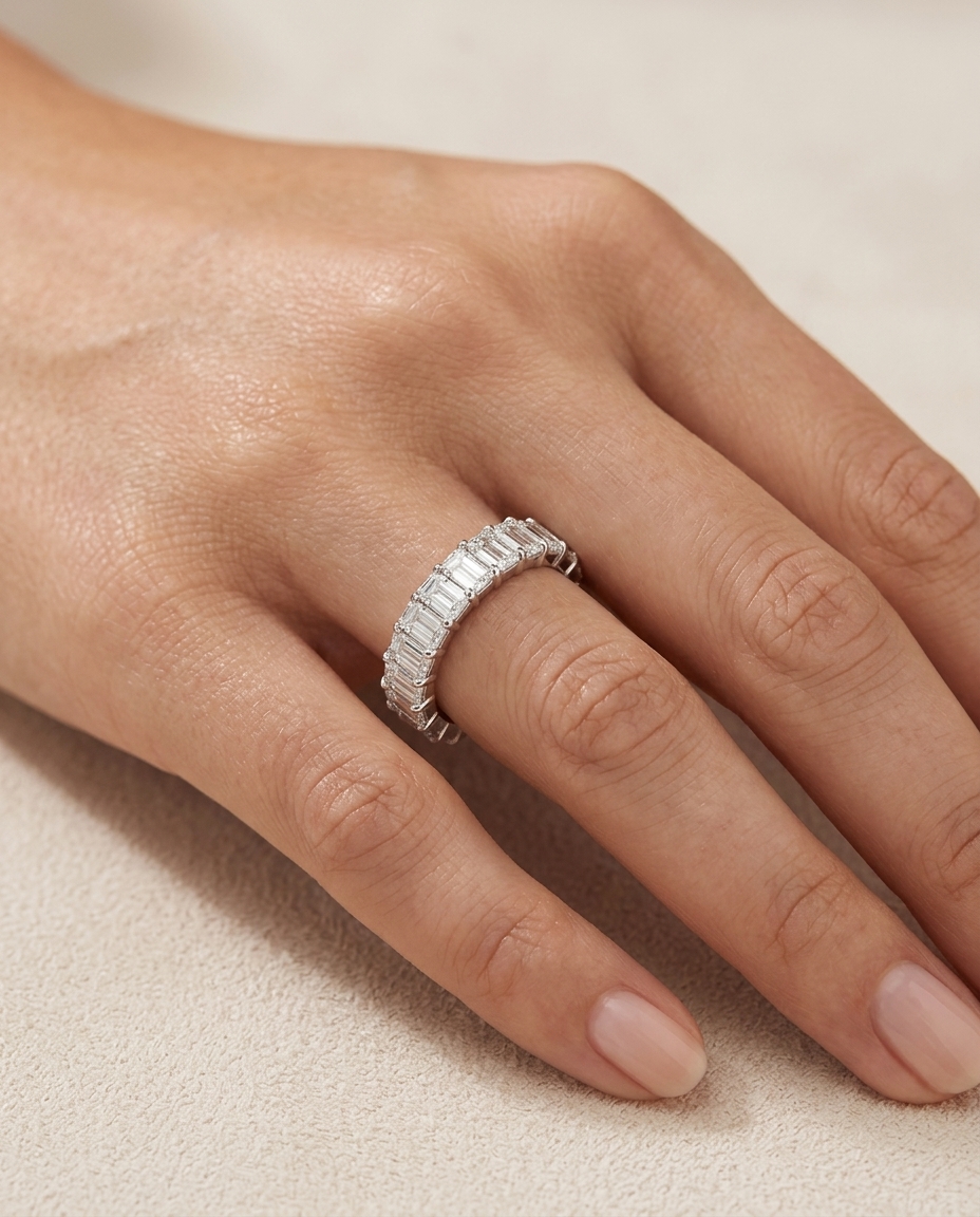 14KT White Gold Emerald Cut Diamond Ring on model