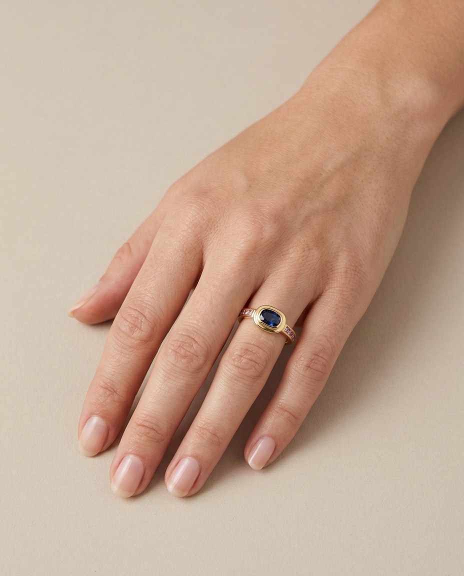 14KT Yellow Gold Sapphire Ring on model