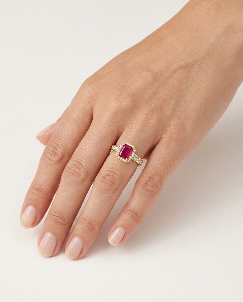 14KT Yellow Gold Ruby and Diamonds Ring on model