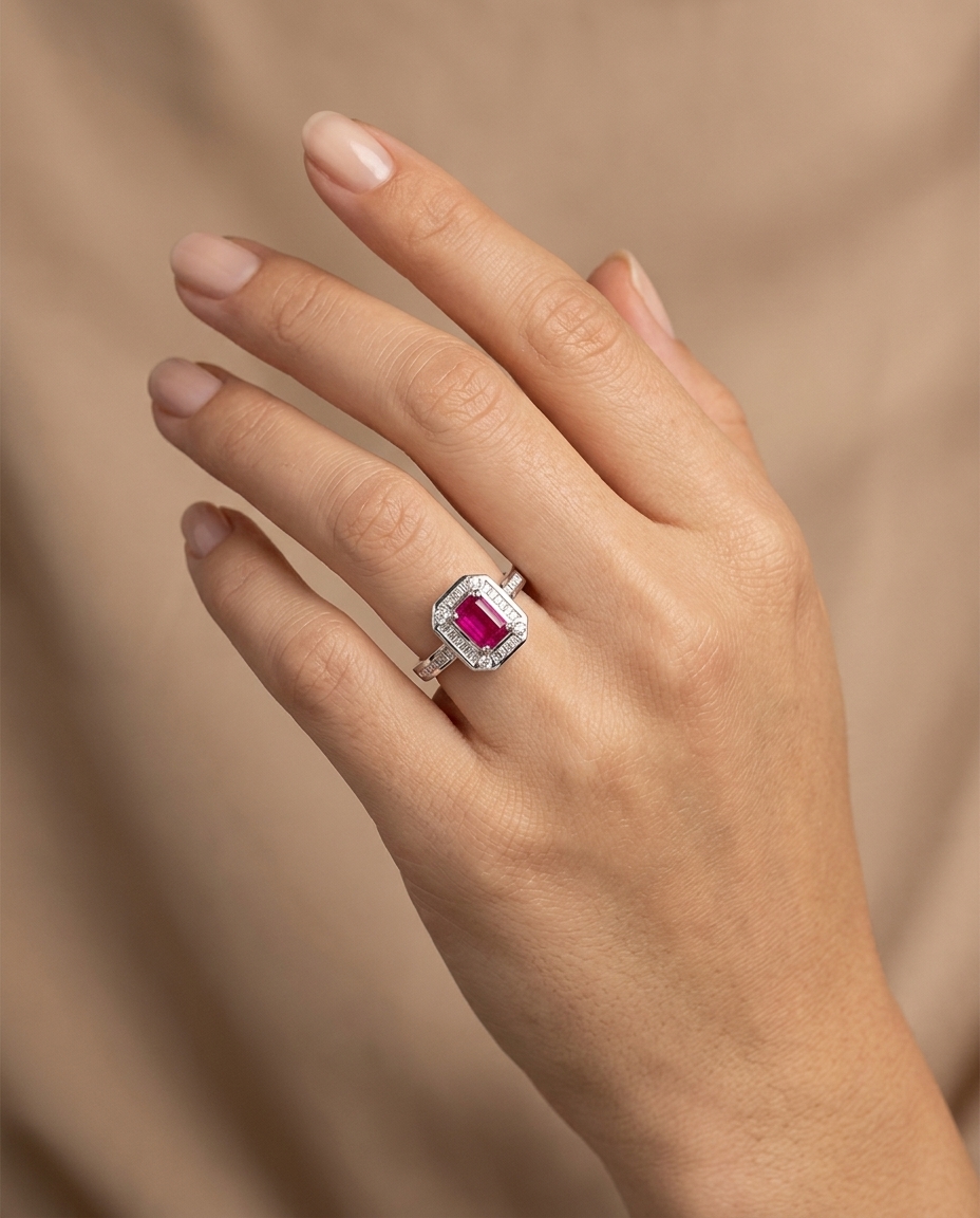 14KT White Gold Ruby and Diamonds Ring on model