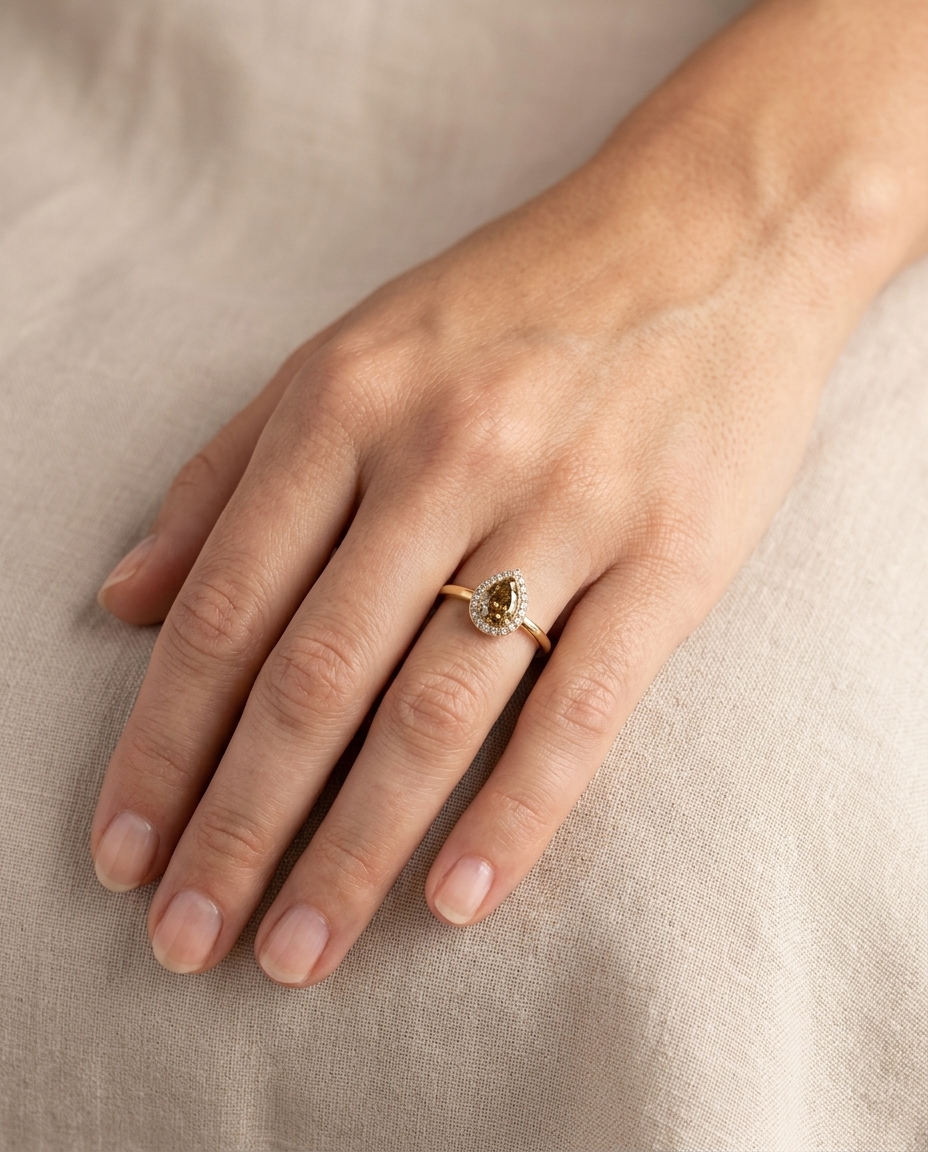 18KT Yellow Gold Fancy Diamond Ring on model