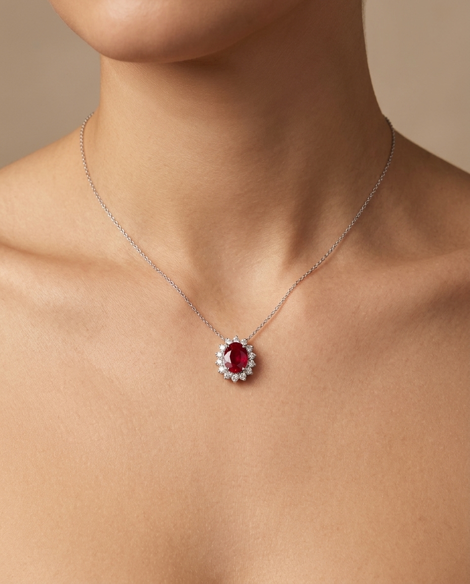 18KT White Gold Diamond and Ruby Pendent on model
