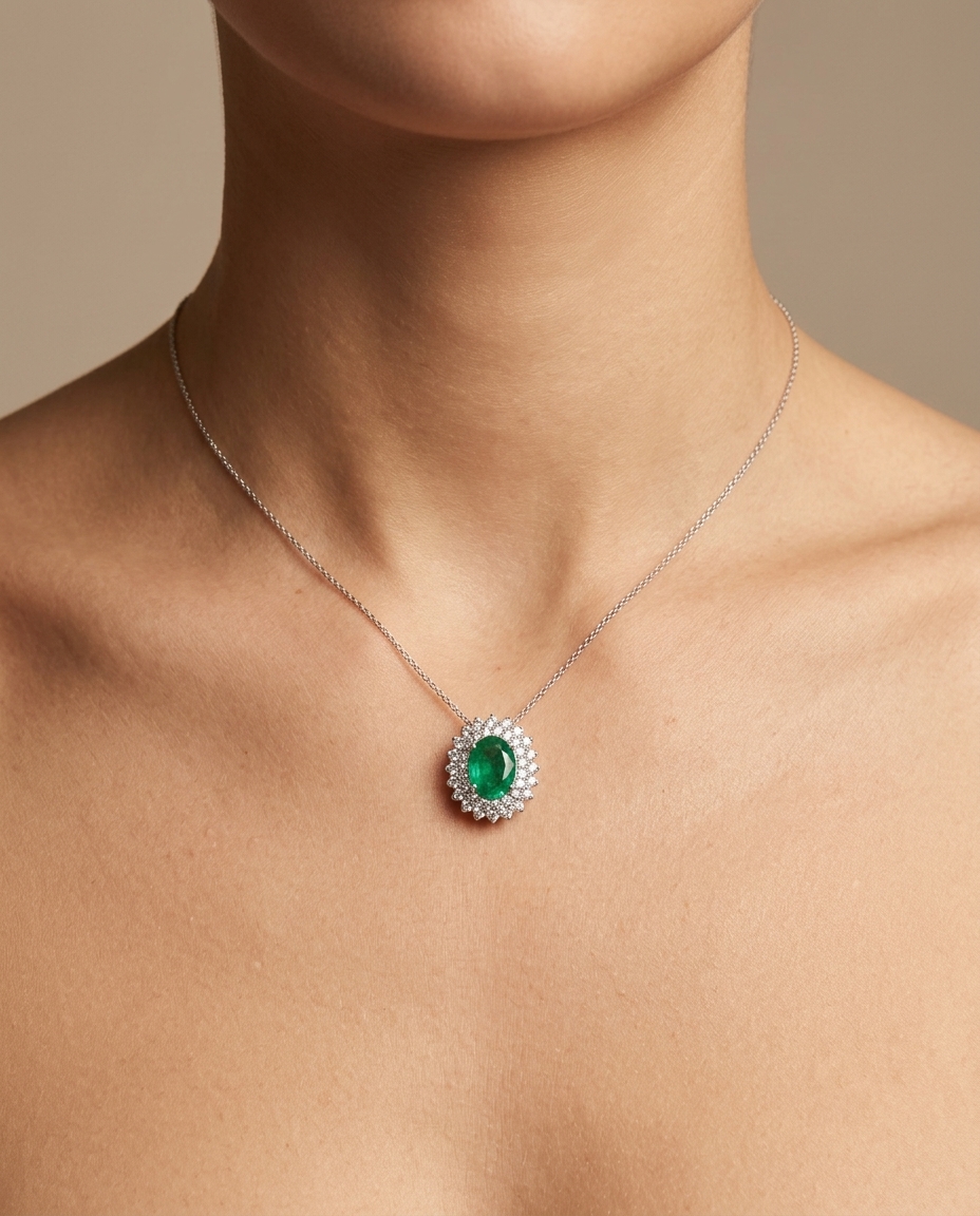 18KT White Gold Diamond and Emerald Pendent on model