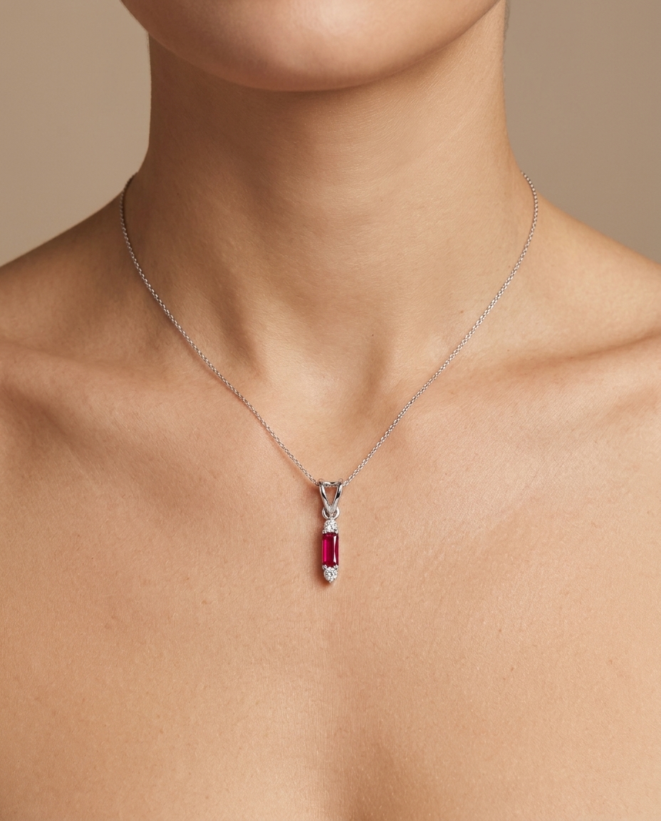 18KT White Gold Diamond and Ruby Pendent on model