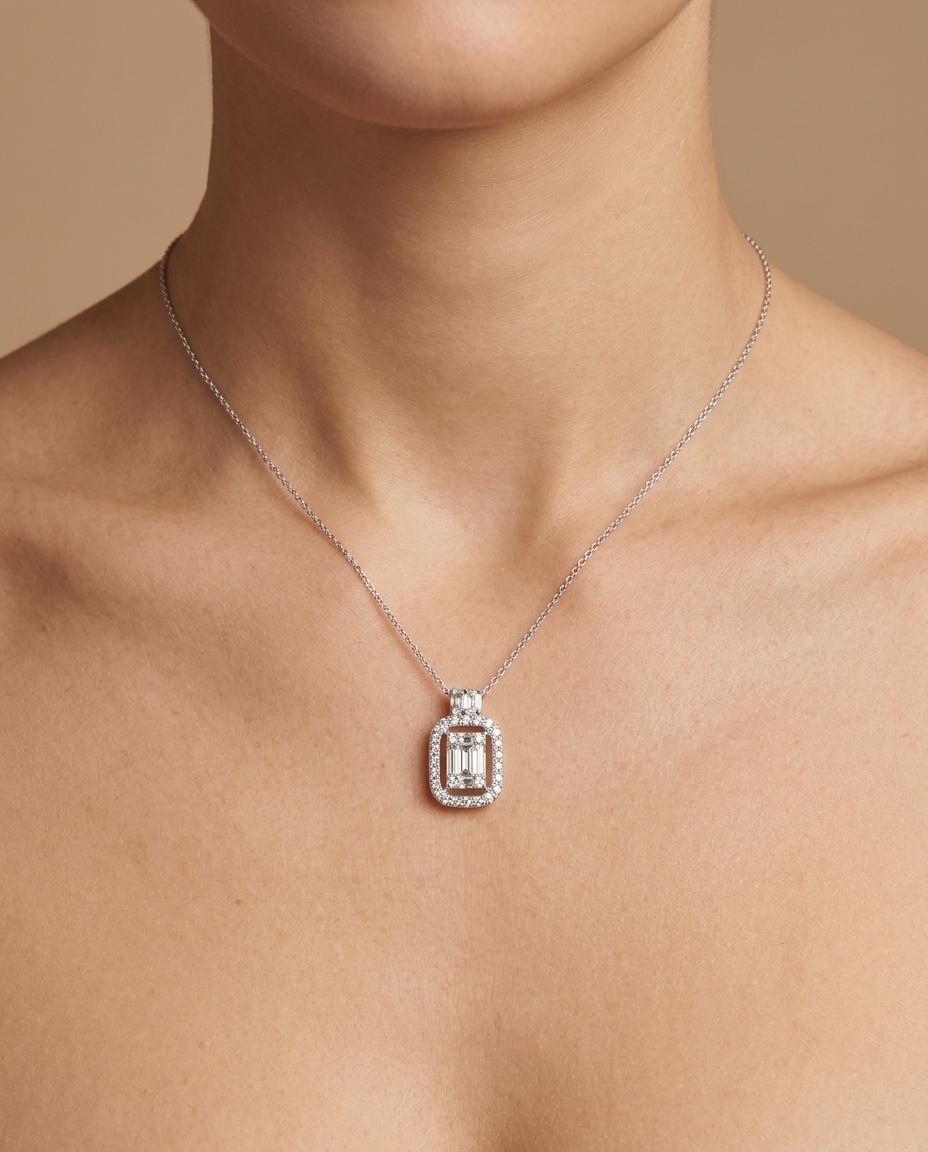18KT White Gold Diamond Pendent on model