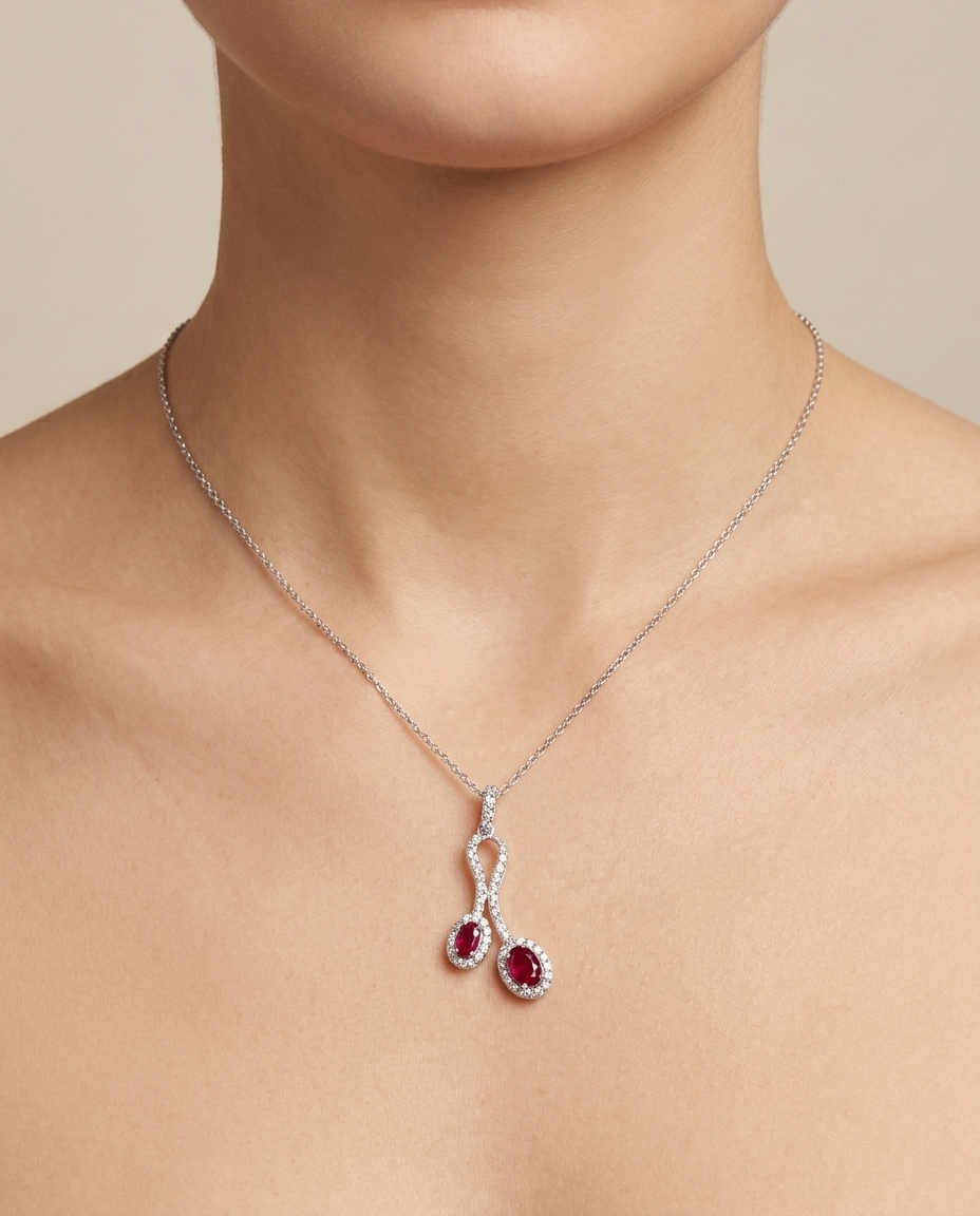 18KT White Gold Diamond and Ruby Pendent on model