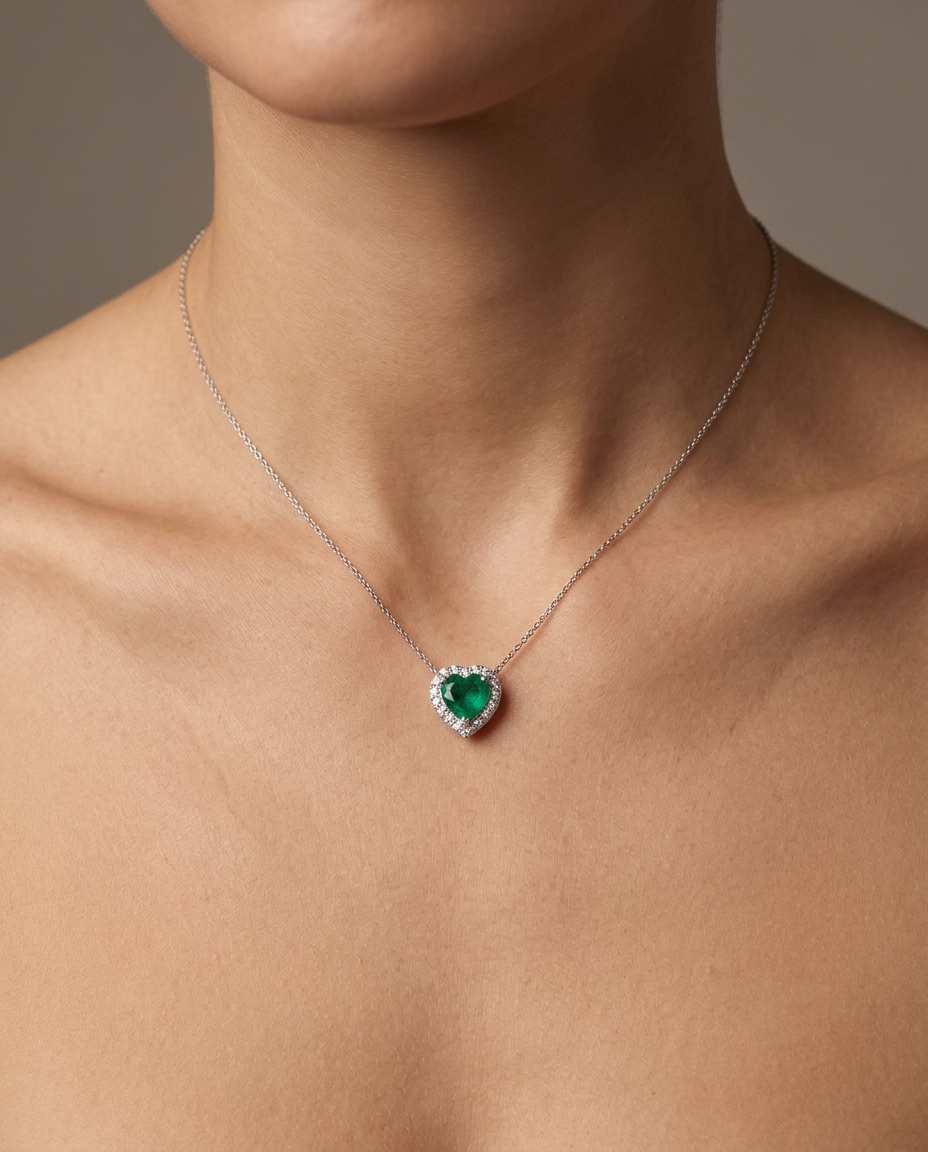 18KT White Gold Diamond and Heart Shape Emerald Pendent on model