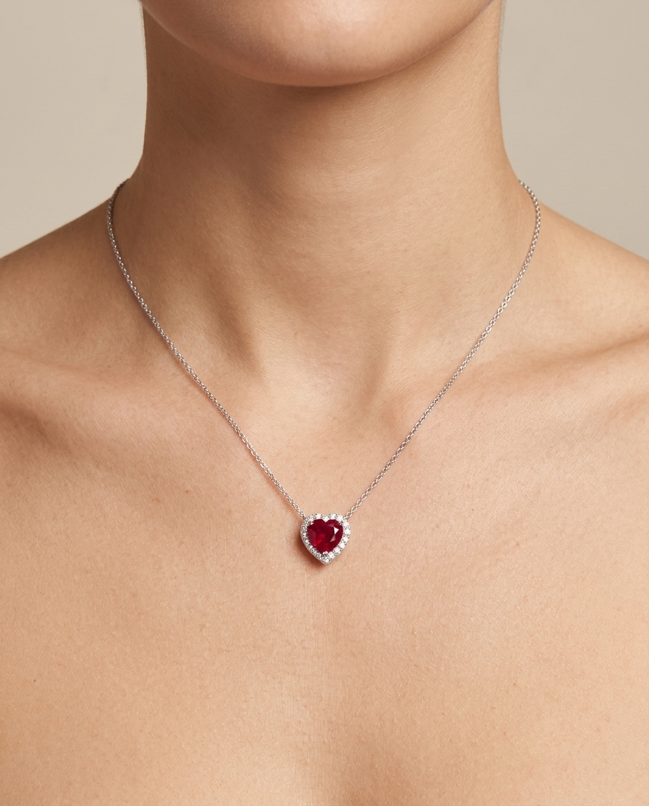 18KT White Gold Diamond and Heart Shape Ruby Pendent on model