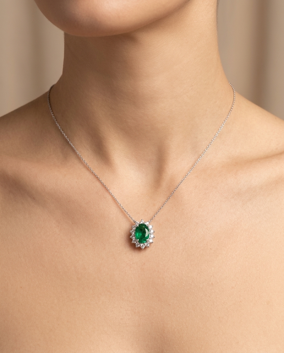 18KT White Gold Diamond and Emerald Pendent on model