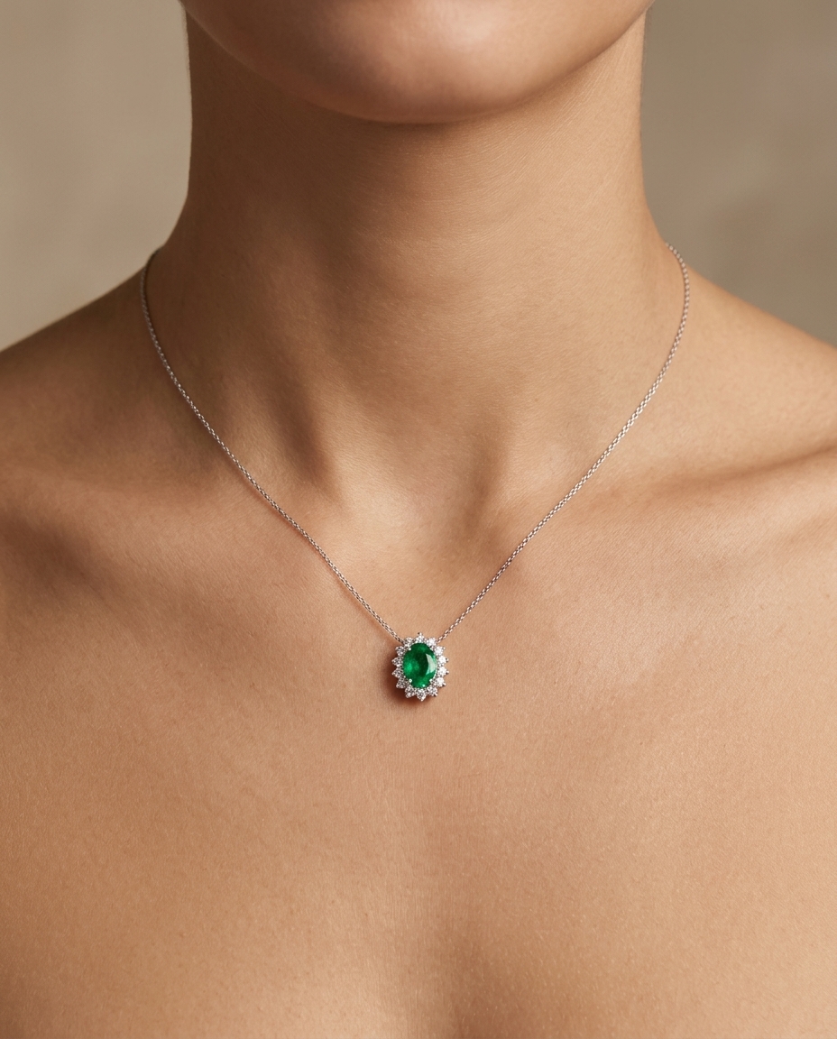18KT White Gold Diamond and Emerald Pendent on model