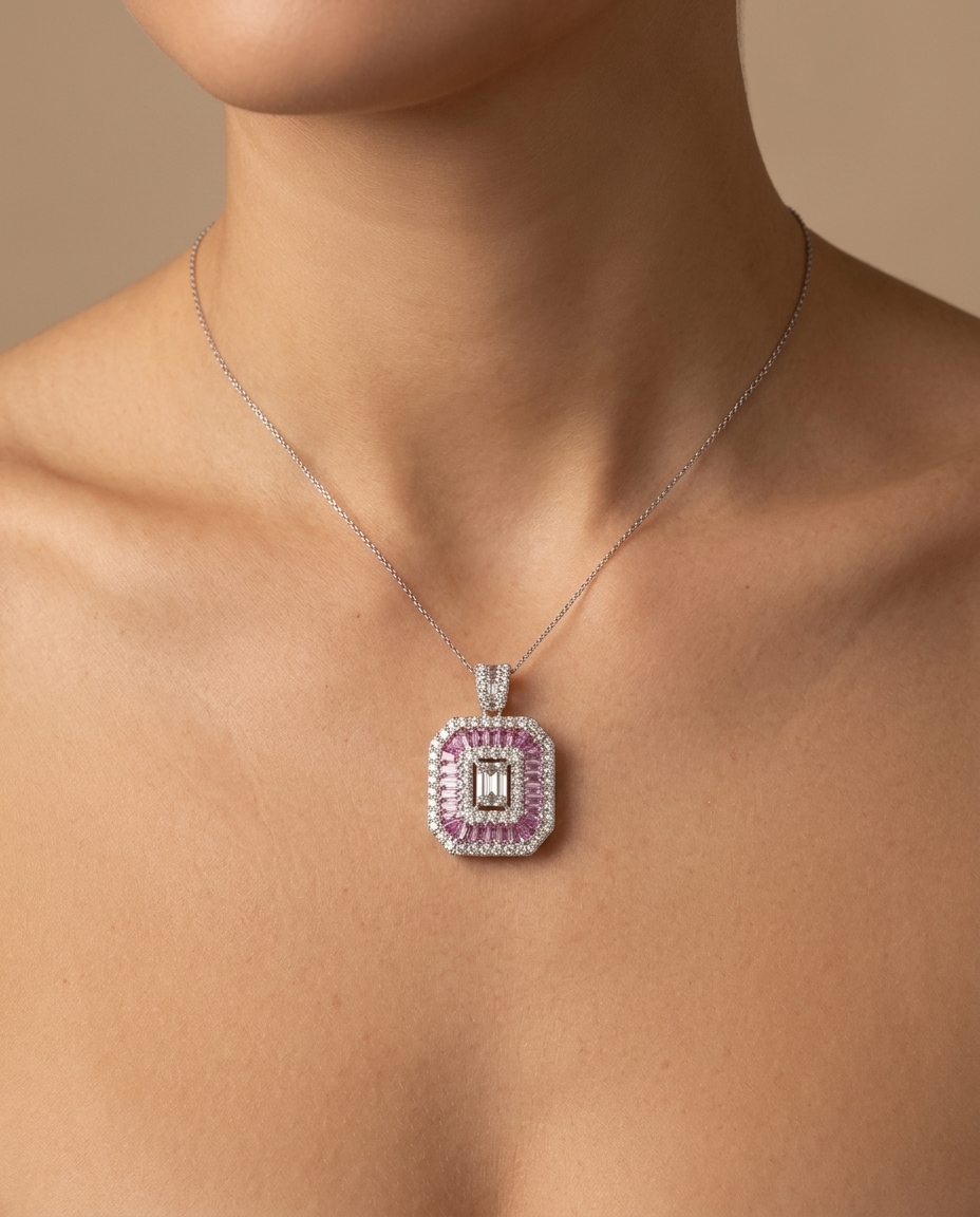 14KT White Gold Pink Sapphire and Diamonds Pendant on model