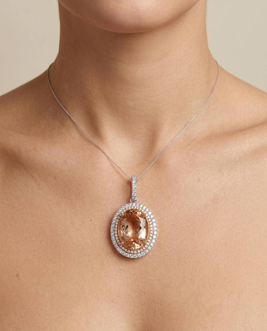 14KT White and Rose Gold Morganite and Diamond Pendent on model